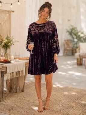 NANETTE LEPORE Purple Velvet Mini Dress Sequin Detail Balloon Sleeves Size M.